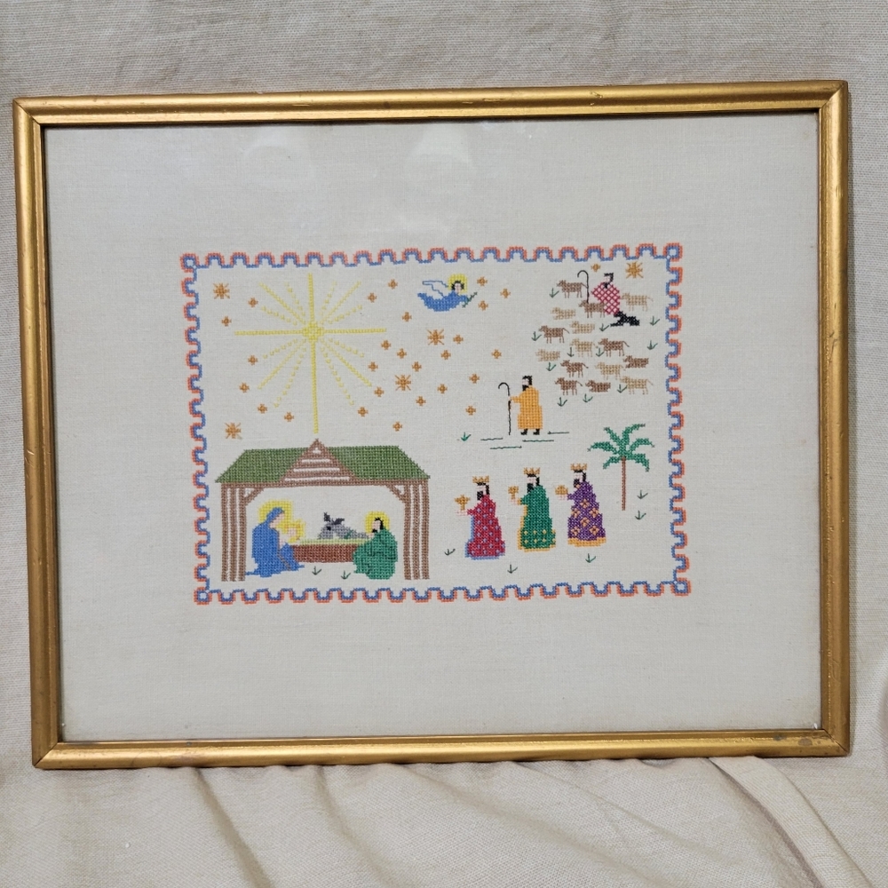 Framed Vintage Nativity Cross Stitch Pattern On Linen Wall Art